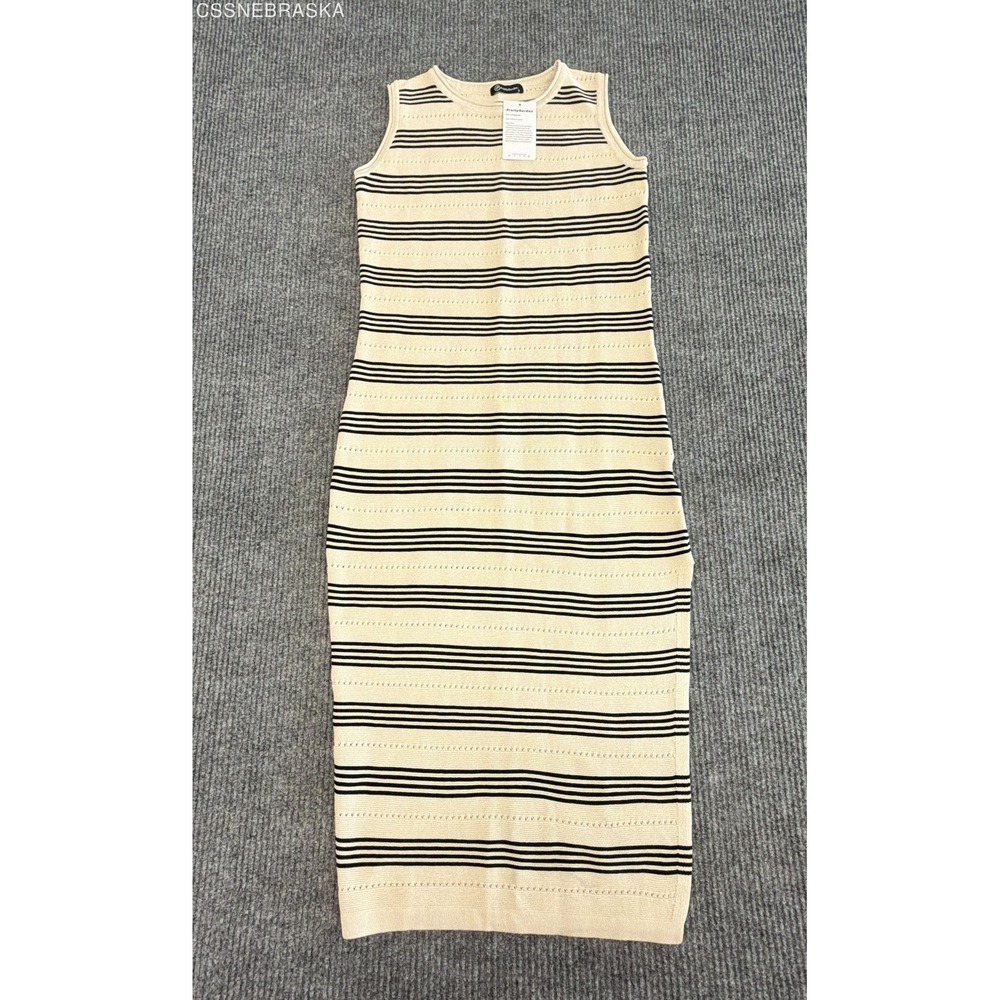PrettyGarden Cream Black Striped Sleeveless Knit Midi Bodycon Dress Small NWT
